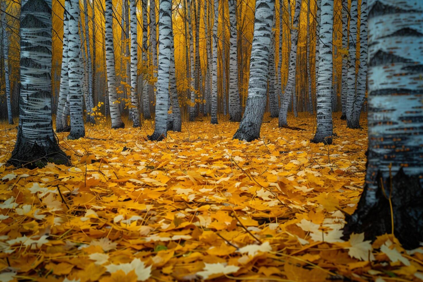 Peaceful grove of birch trees with fallen yellow leaves carpeting the ground nature background photo