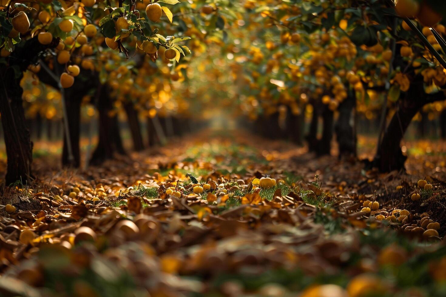 Peaceful orchard with fruit trees and fallen leaves  nature background photo