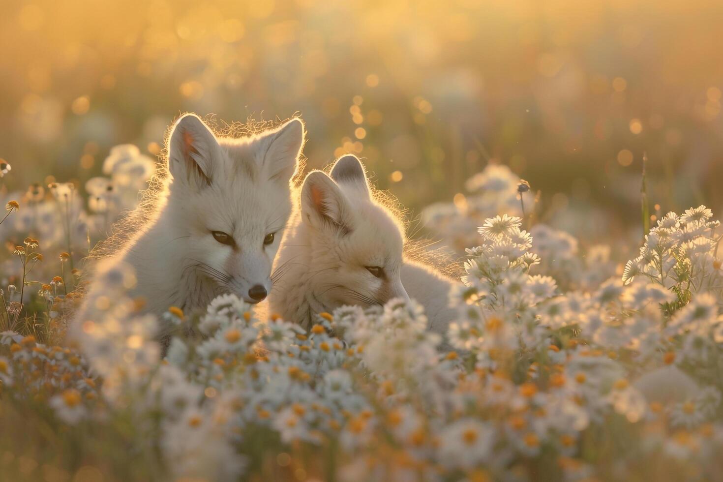 Fox kits playfully frolicking in field of wildflowers under  Arctic summer sunset with a scenic sunset nature background photo