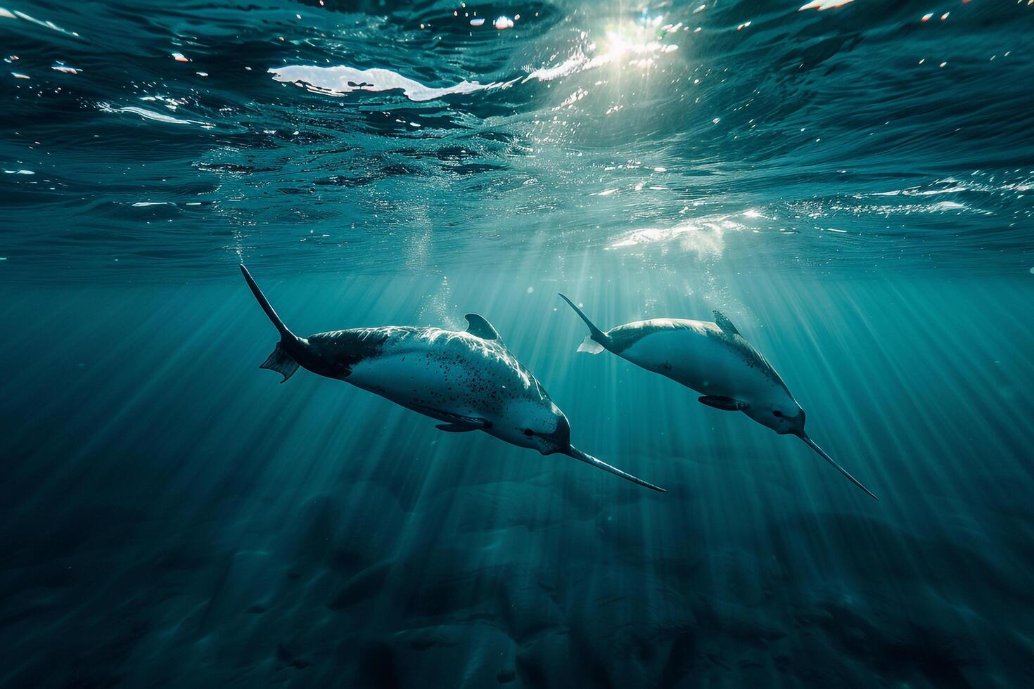 Narwhal pod swimming through crystalclear Arctic waters unicornlike tusks glinting in sunlight nature background photo