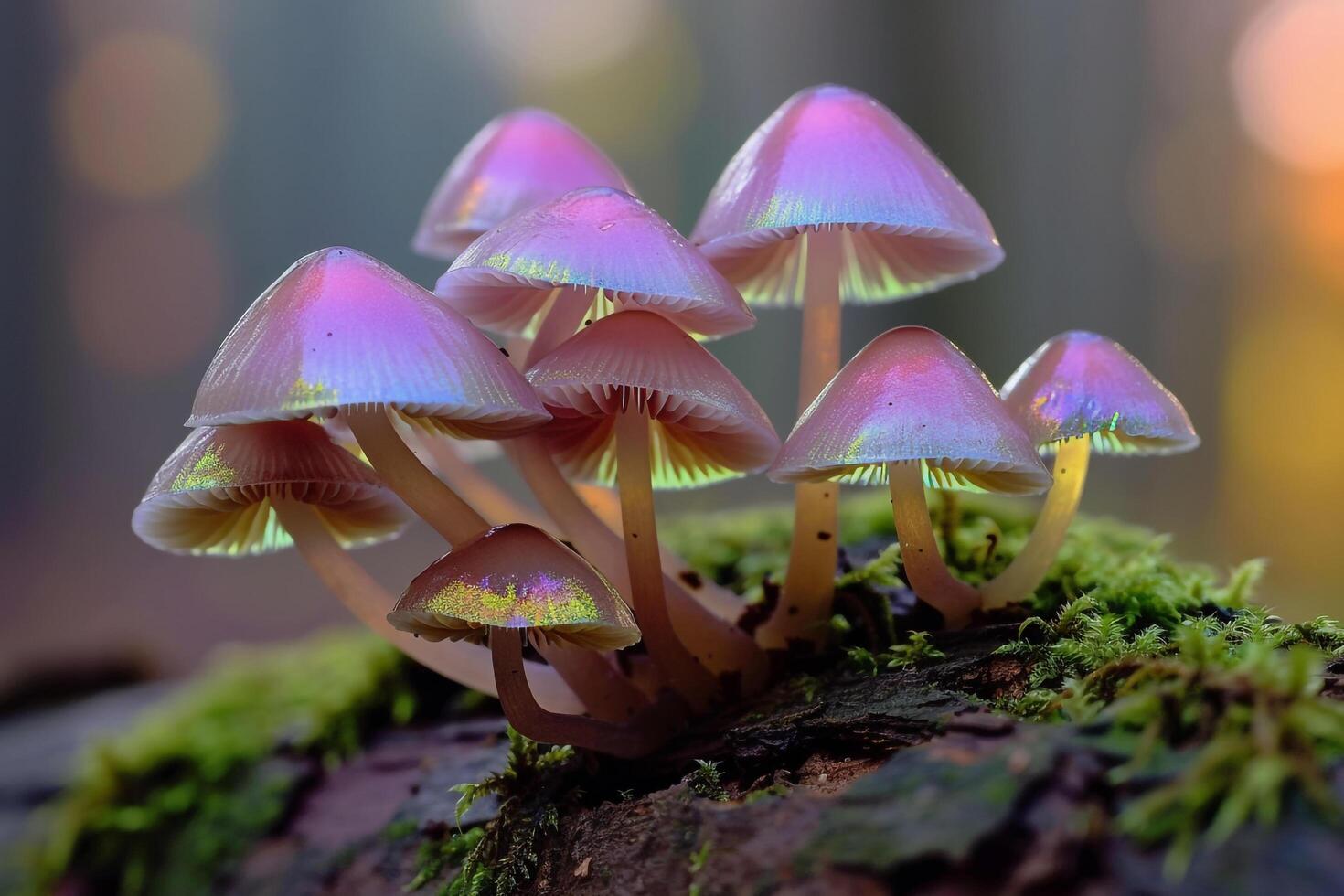 Tiny mushrooms with iridescent caps growing on mosscovered log in magical forest nature background photo