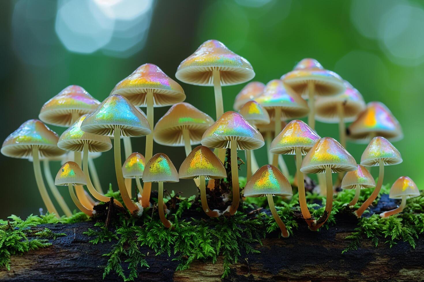 Tiny mushrooms with iridescent caps growing on mosscovered log in magical forest nature background photo