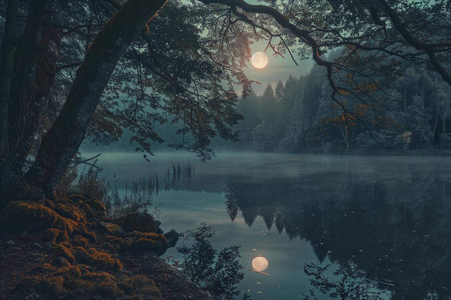 Enigmatic moonlight reflecting on a forest lake surrounded by ancient trees draped in moss nature background photo