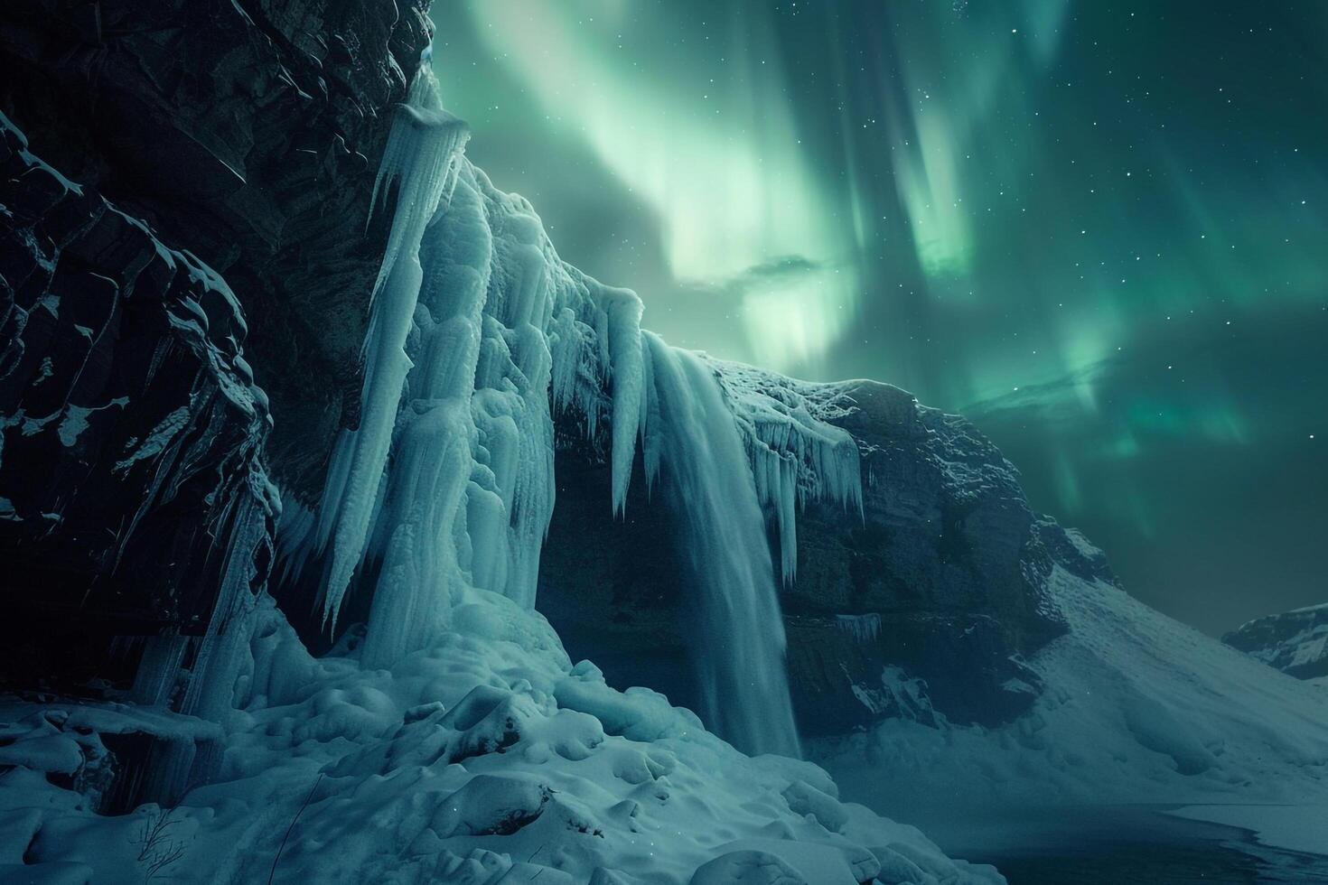 Enigmatic frozen waterfall cascading down icy cliffs under the aurora borealis nature background photo