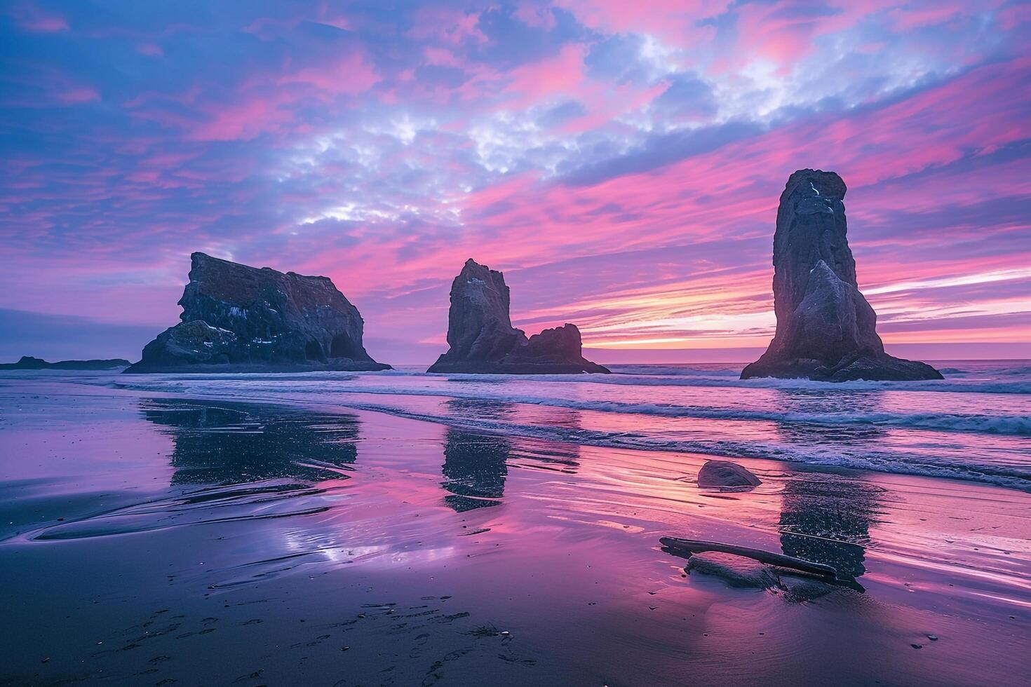 Enchantment beach with rock formations emerging from the water under vibrant sunset sky nature background photo
