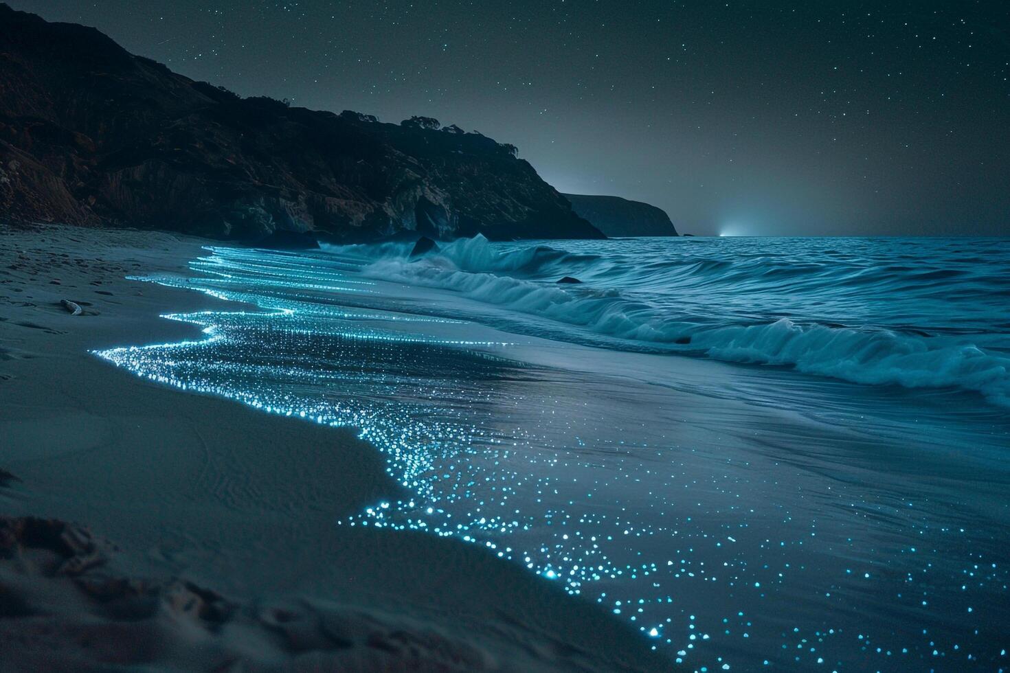 Enchantment bioluminescent waves washing up on sandy beach under starry night sky nature background photo