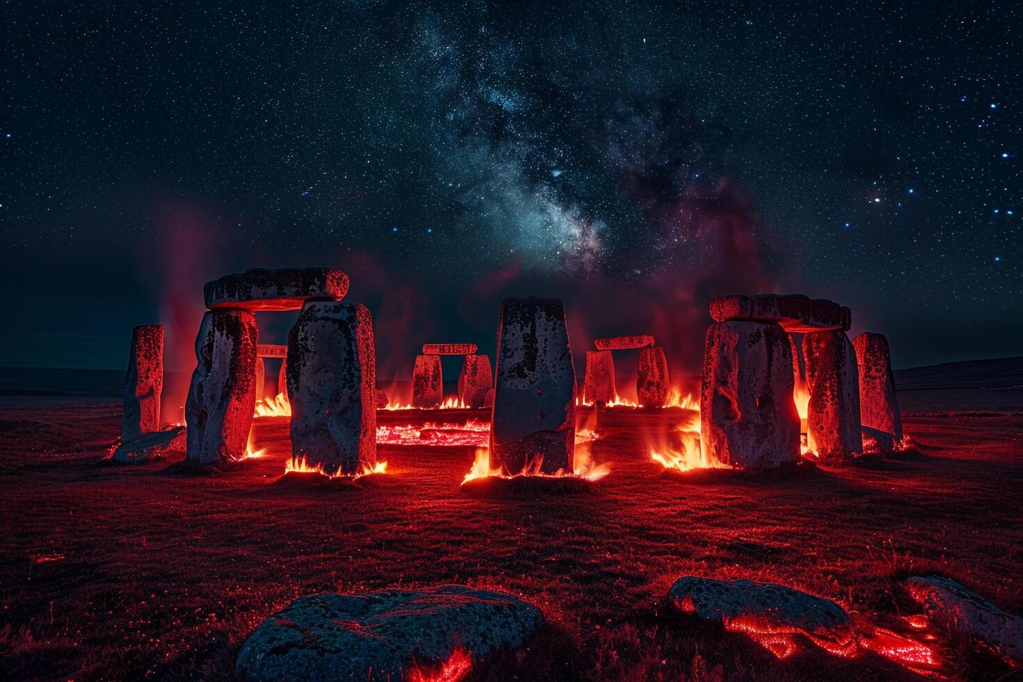 Enigmatic glowing red flames enveloping an ancient stone circle under starry sky nature background photo