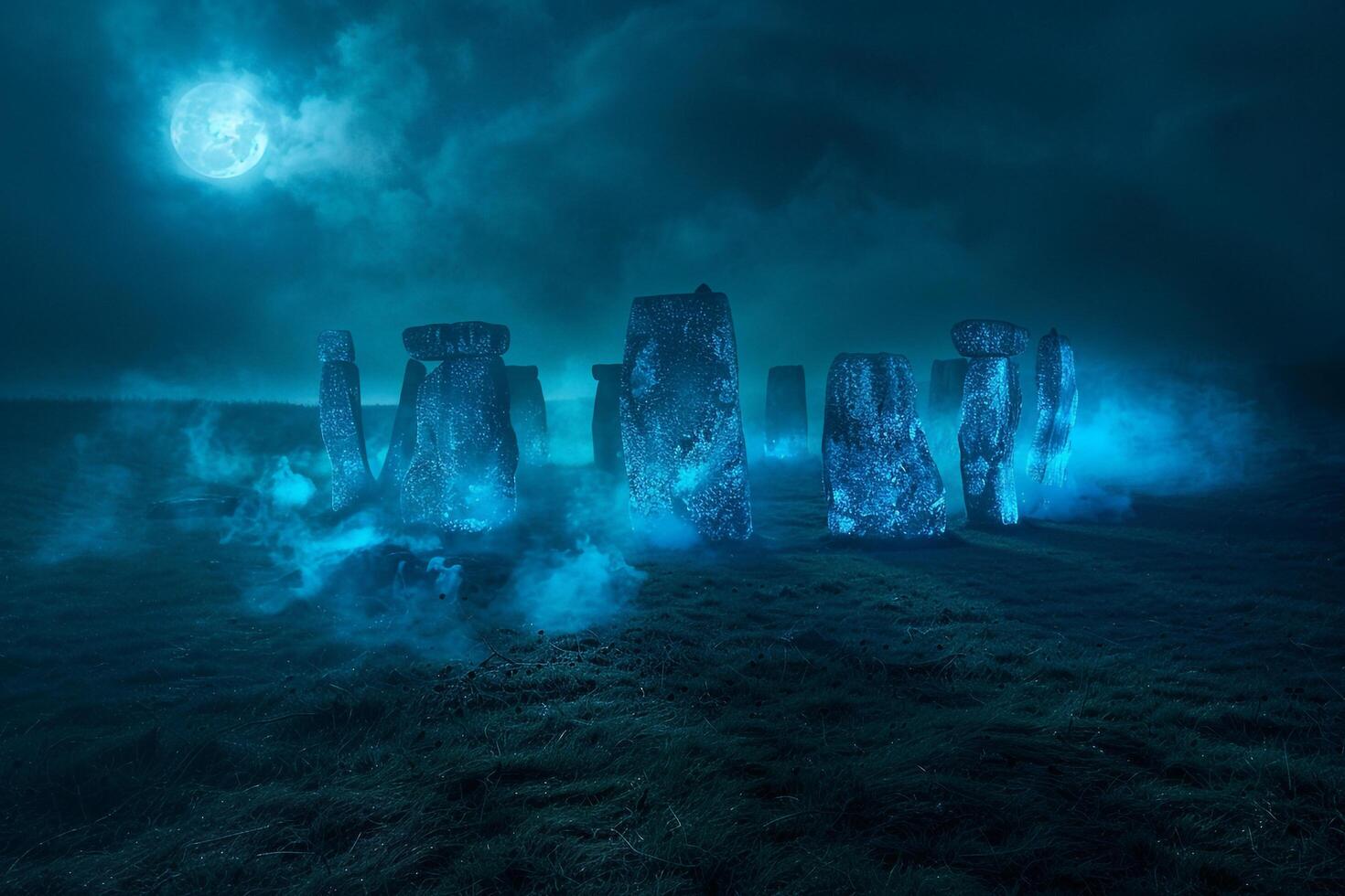 Enigmatic glowing blue flames encircling an ancient stone circle under misty moon nature background photo