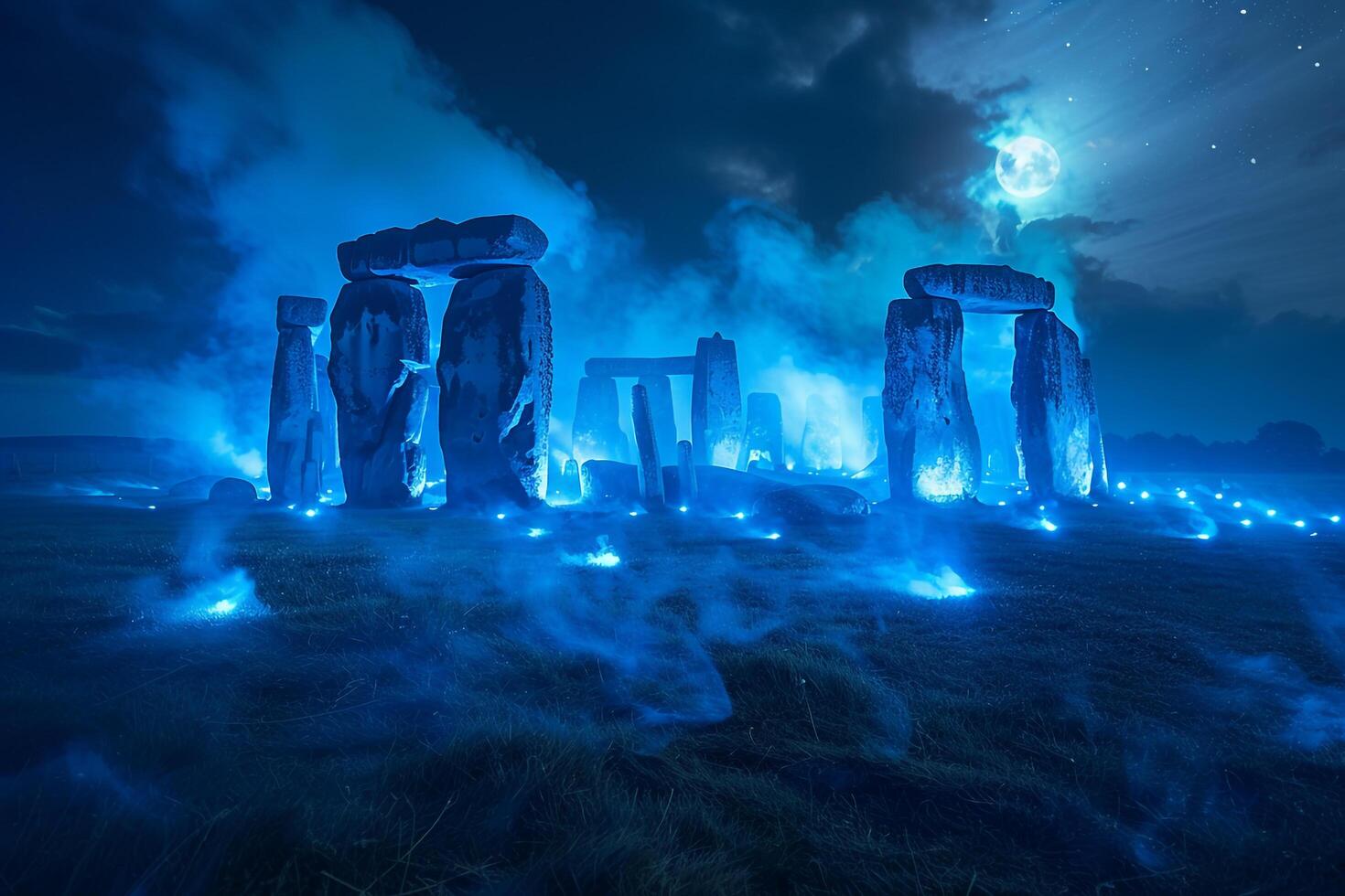 Enigmatic glowing blue flames encircling an ancient stone circle under misty moon nature background photo