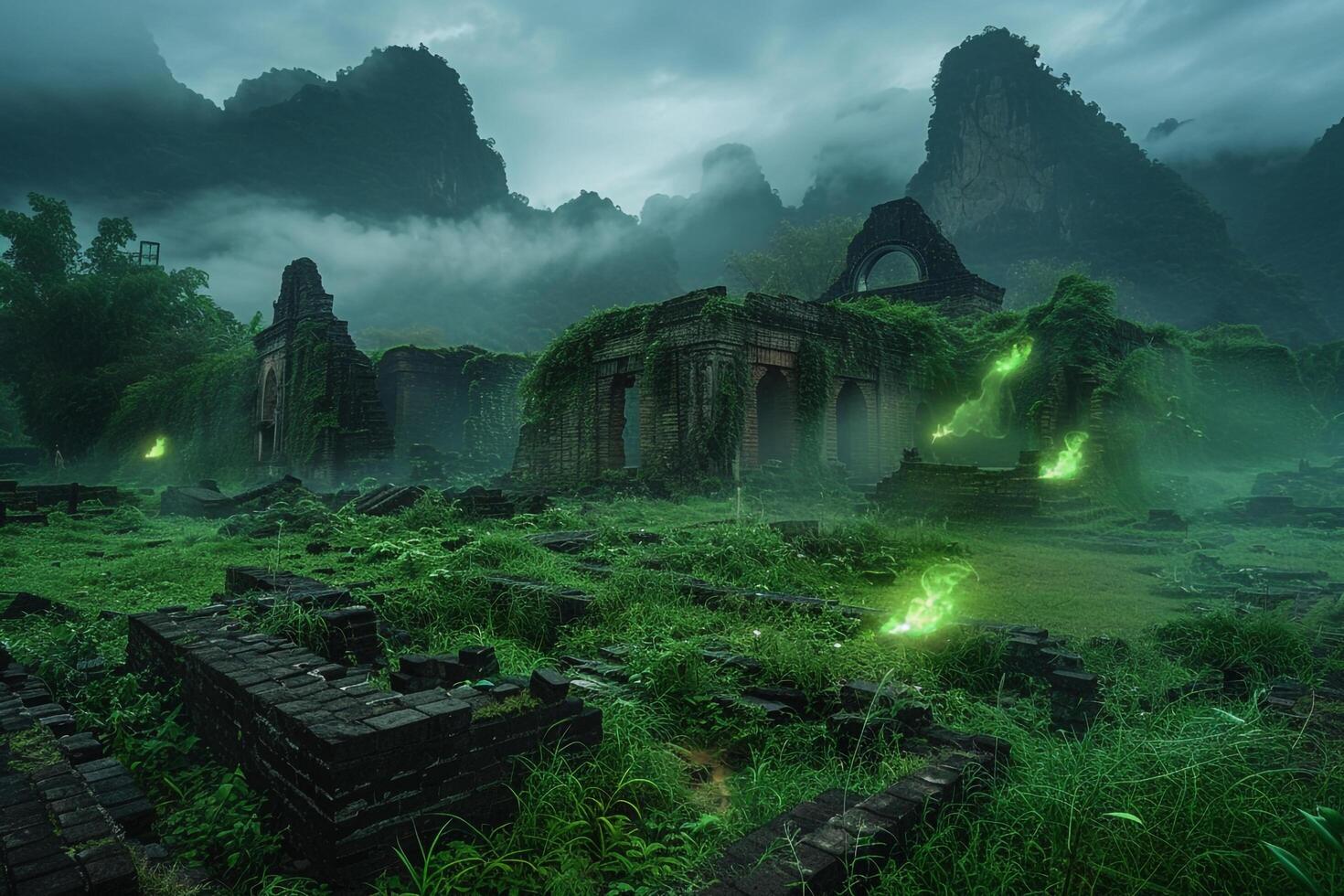 Enigmatic glowing green flames flickering around ancient ruins in mist covered valley nature background photo
