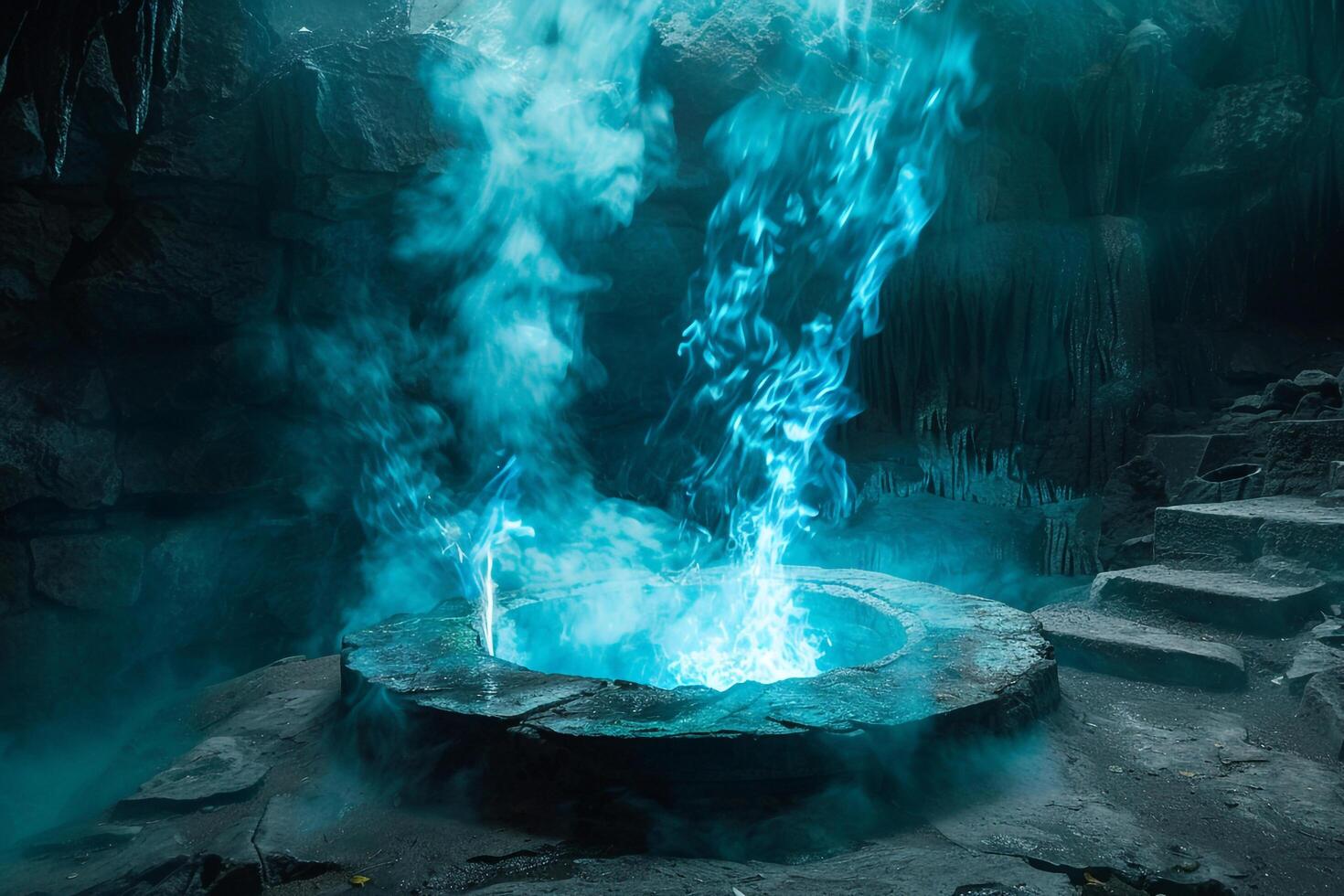 Enigmatic wisps of blue flames dancing over an altar in a hidden cavern casting eerie shadows nature background photo
