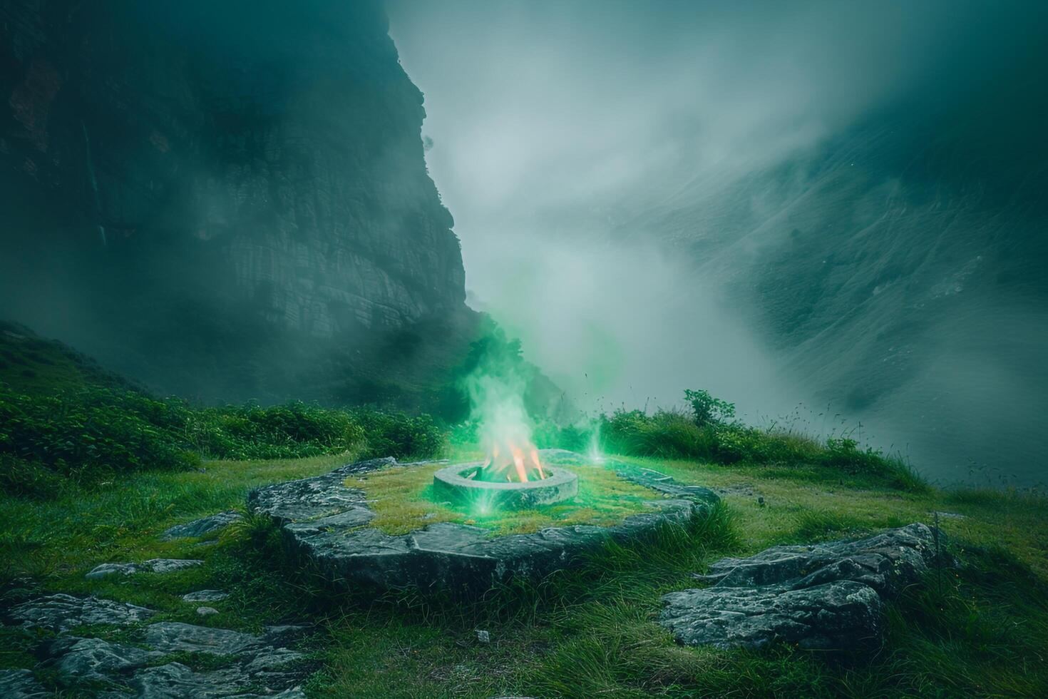 Enigmatic Glowing green flames encircling stone altar in fog covered valley nature background photo