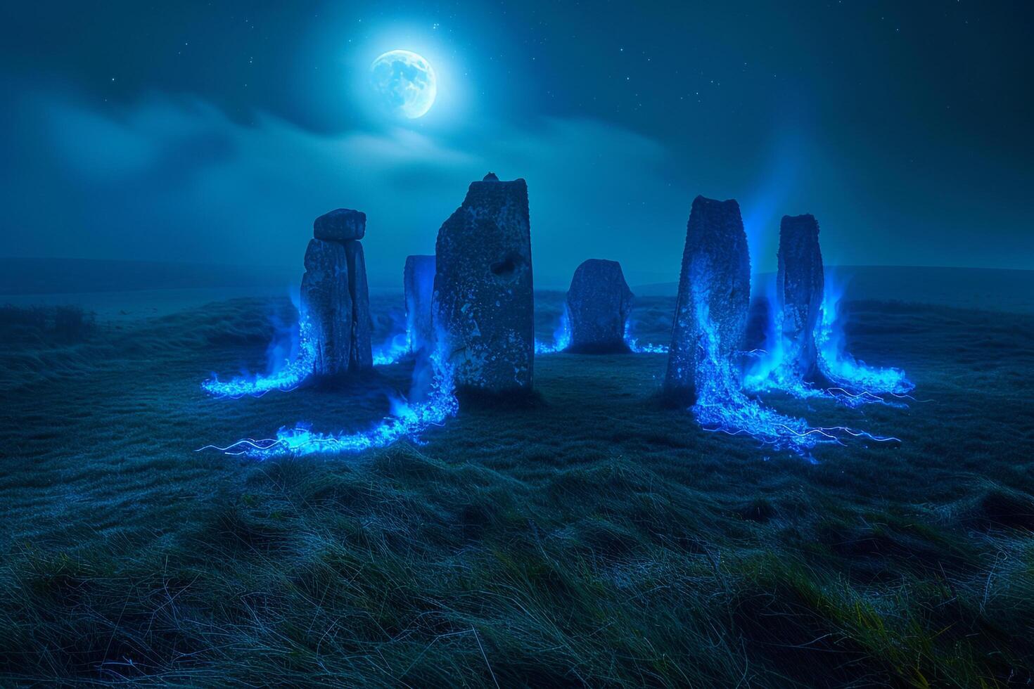 Enigmatic glowing blue flames encircling an ancient stone circle under misty moon nature background photo