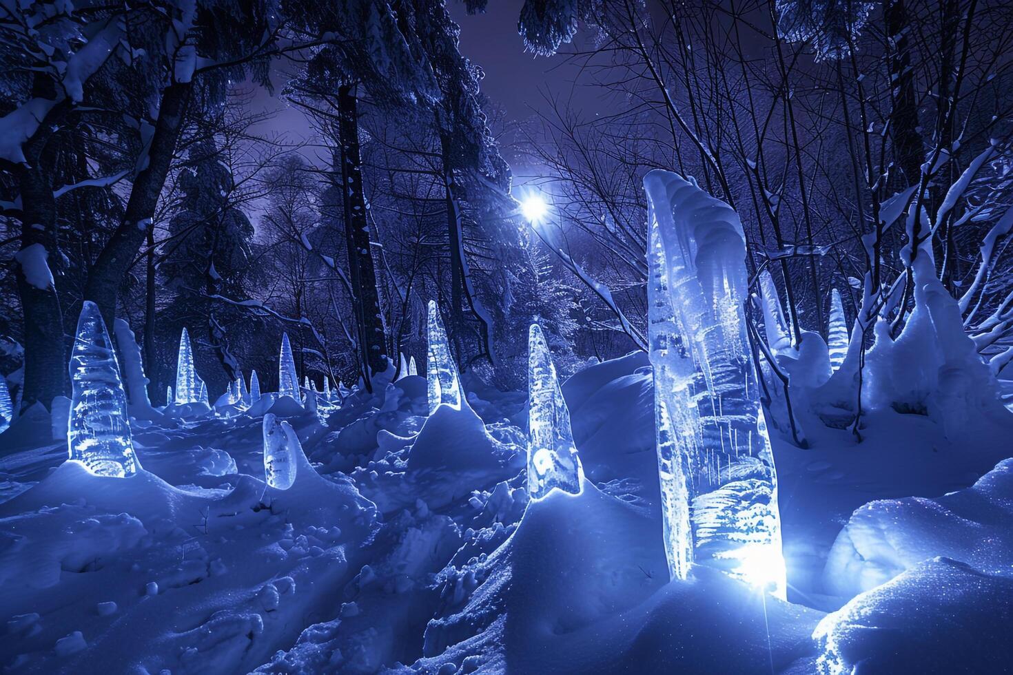 Enigmatic Glowing ice sculptures reflecting the moonlight in snowy grove nature background photo