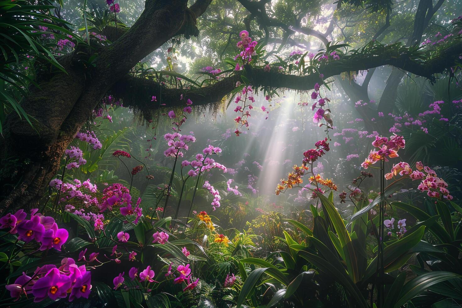 Enigmatic Enchanted Garden with Iridescent Orchids and Exotic Wildflowers Under Canopy of Ancient Trees nature background photo