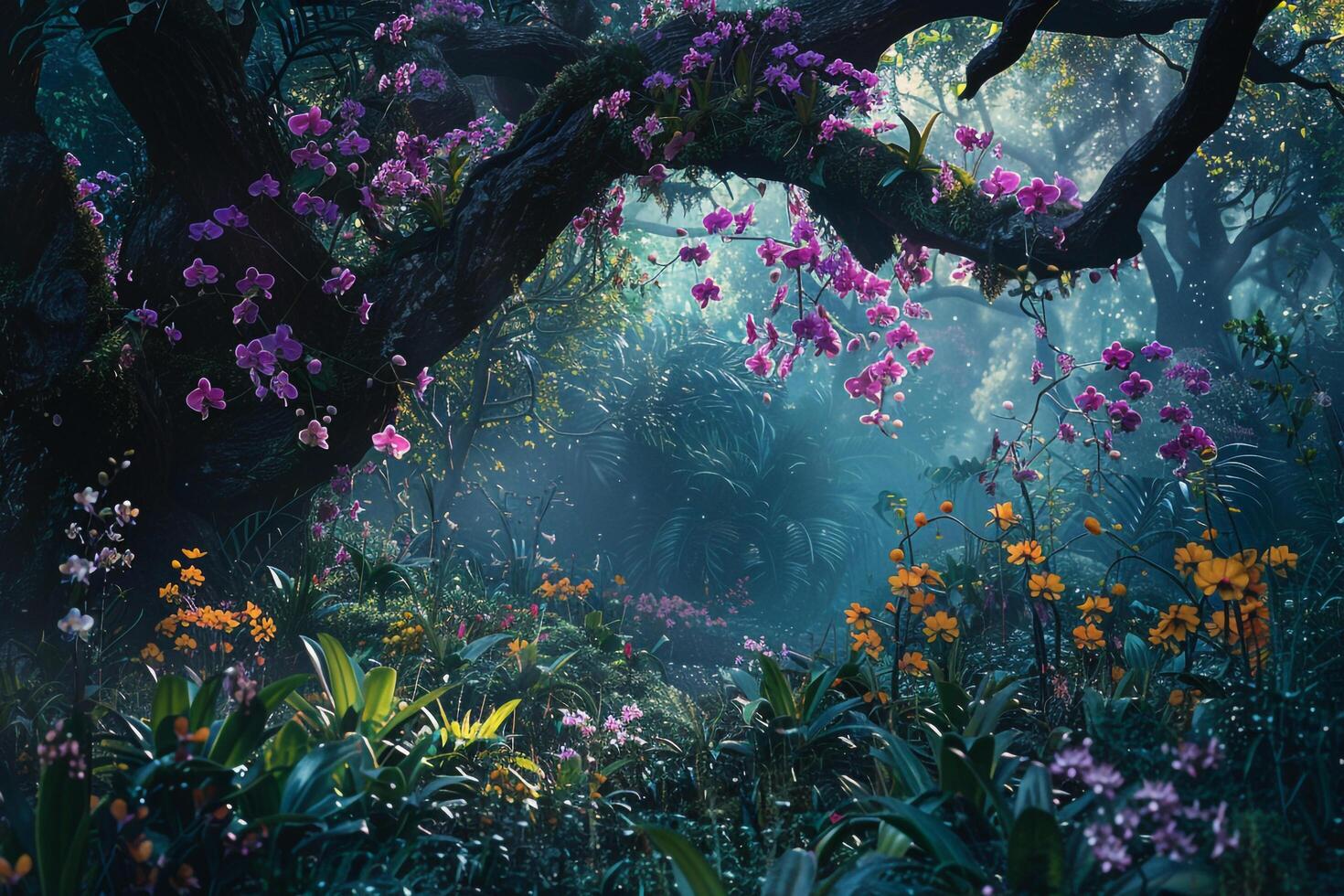 Enigmatic Enchanted Garden with Iridescent Orchids and Exotic Wildflowers Under Canopy of Ancient Trees nature background photo