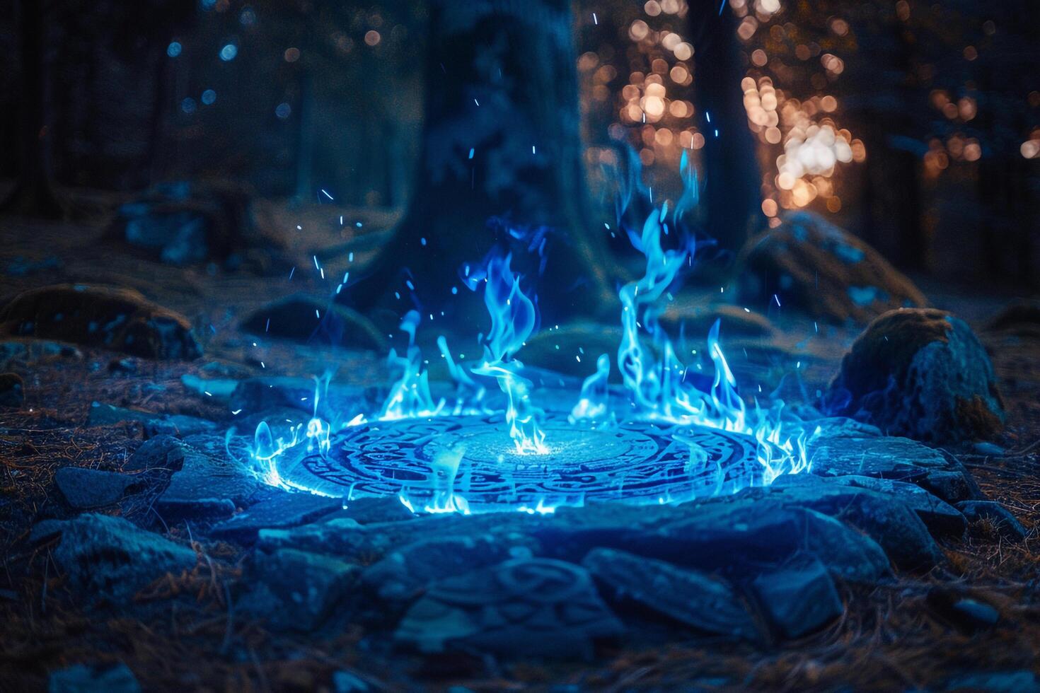 Enigmatic Magical blue flames dancing over ancient runes in forest clearing nature background photo