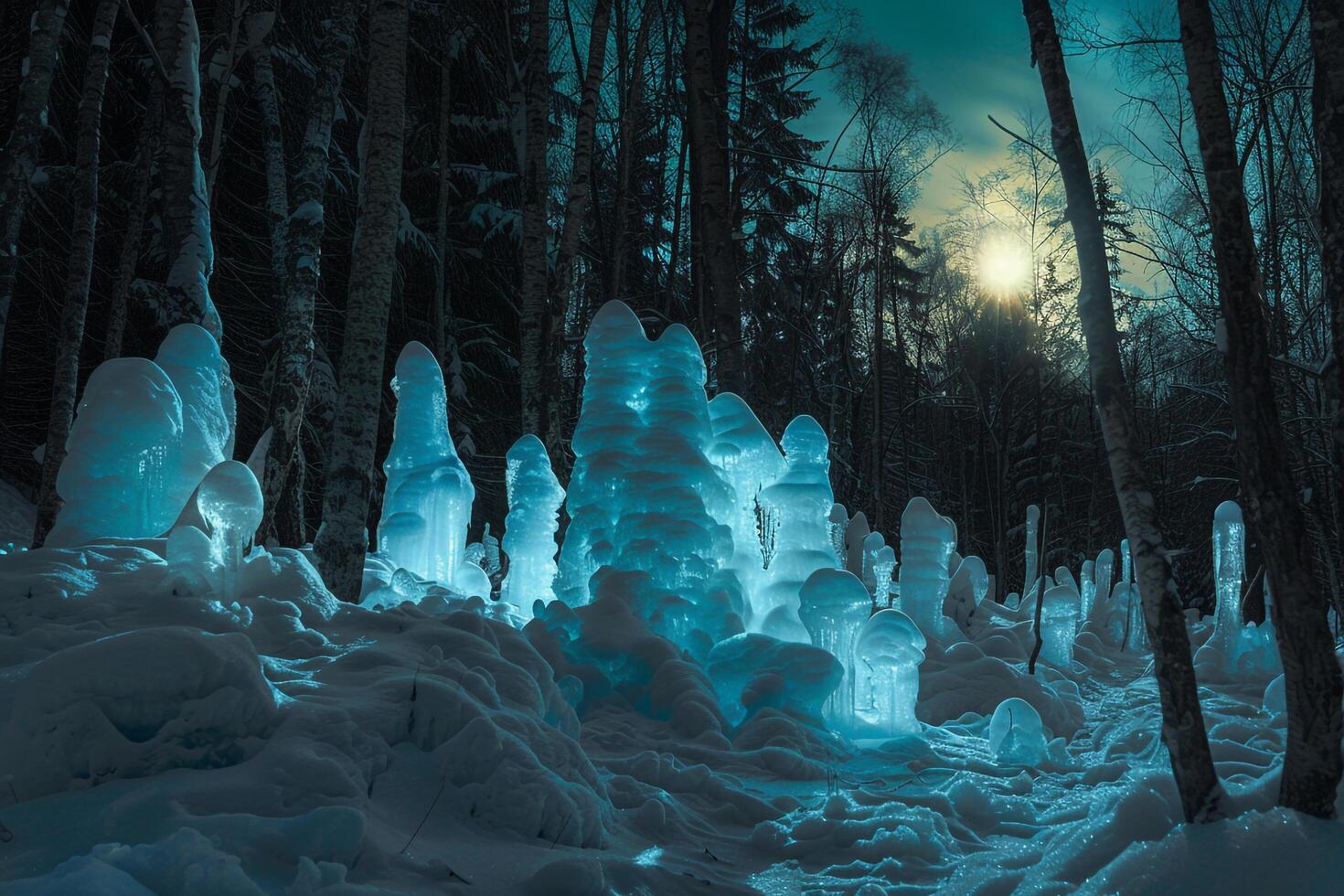 Enigmatic Glowing ice sculptures shimmering under the moonlight in frozen fairy tale forest nature background photo
