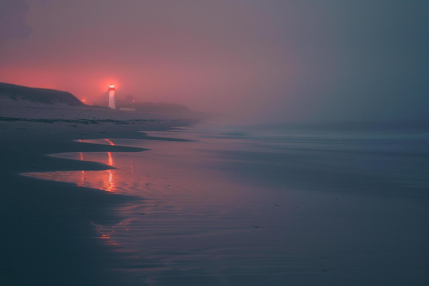 Enchantment Beach at twilight with  pastel hues reflecting in the water and distant lighthouse glowing nature background photo