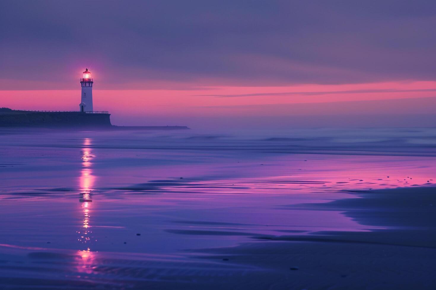 Enchantment Beach at twilight with  pastel hues reflecting in the water and distant lighthouse glowing nature background photo