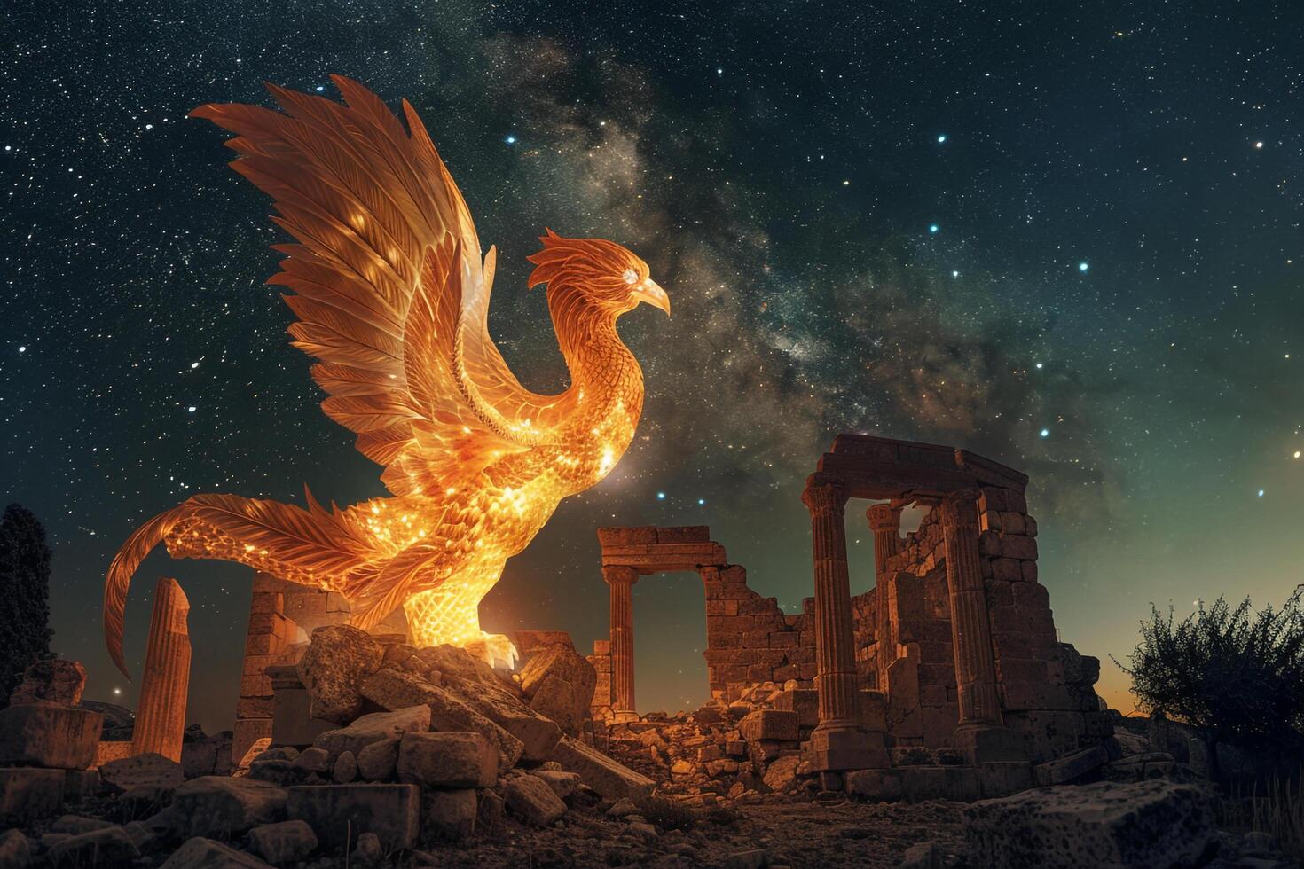 Enigmatic Fiery phoenix sculpture glowing amidst ancient ruins under starlit sky nature background photo