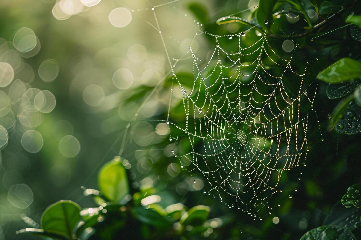Dew covered spider web glistening in the early morning light intricate patterns highlighted against red nature background of green foliage photo
