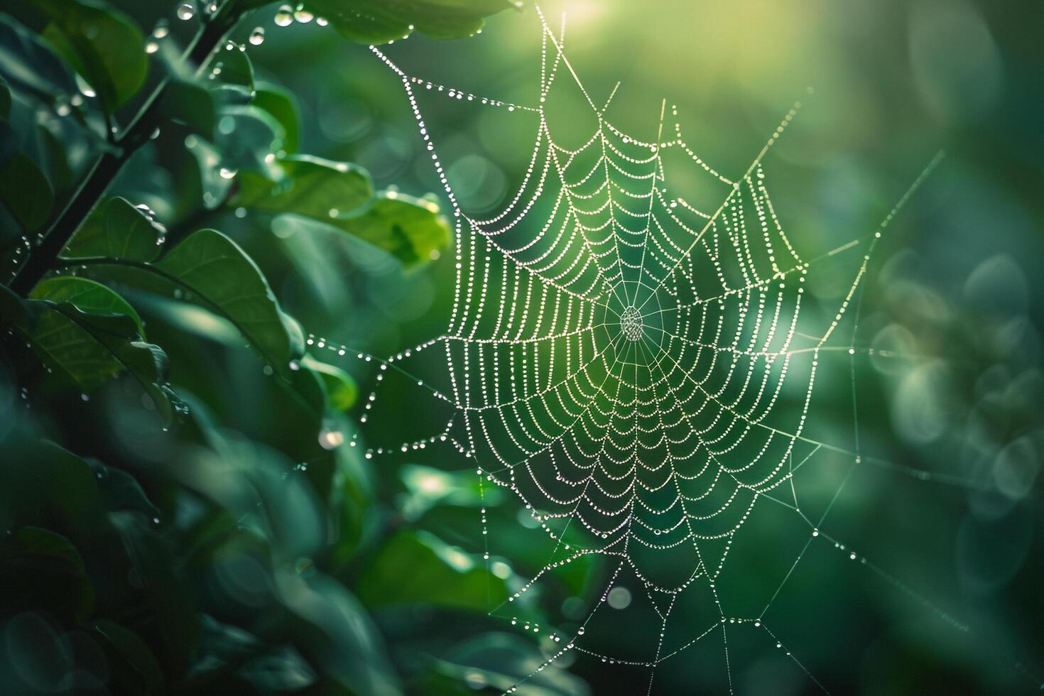 Dew covered spider web glistening in the early morning light intricate patterns highlighted against red nature background of green foliage photo