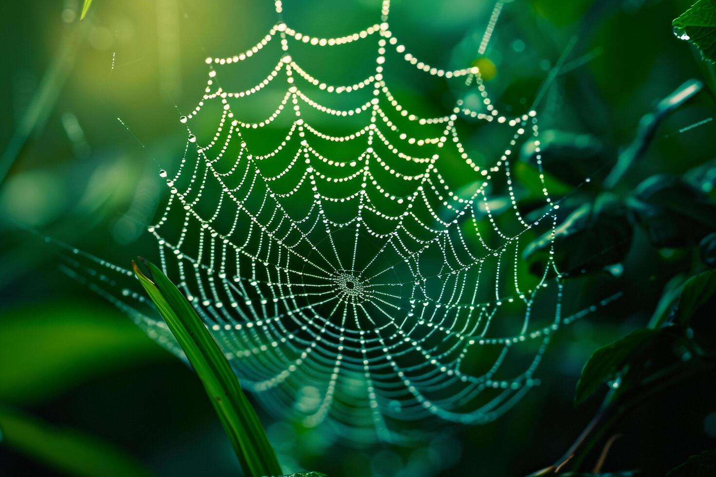Dew covered spider web glistening in the early morning light intricate patterns highlighted against red nature background of green foliage photo