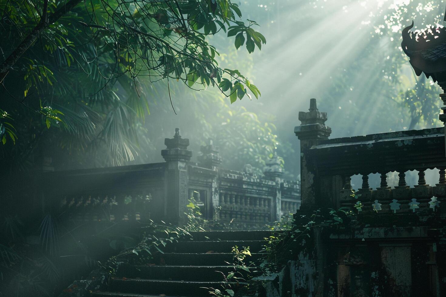 Sunlight filtering through mist shrouded leaves in secluded mountain temple garden with serene nature background photo