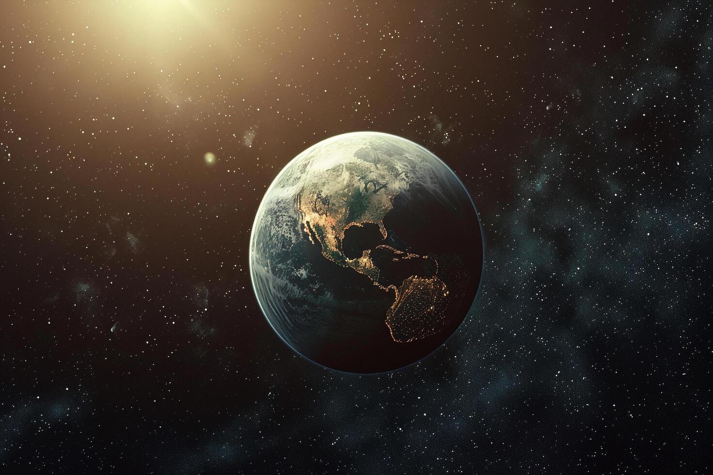 Space Exploration ofan exoplanet orbiting in the habitable zone of its star with potential for liquid water with cosmic nature background photo