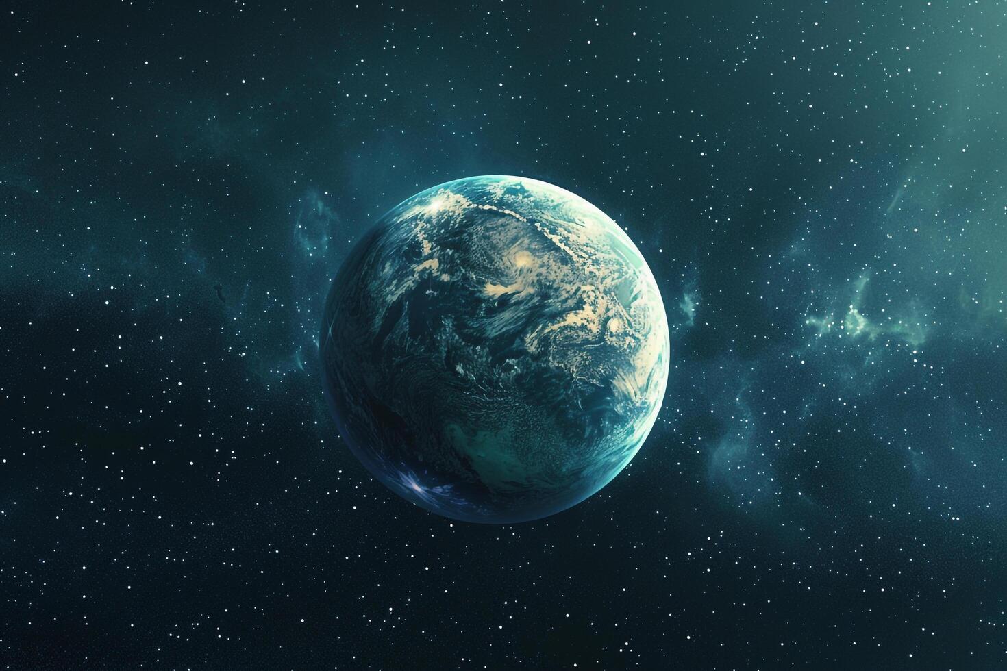 Space Exploration ofan exoplanet orbiting in the habitable zone of its star with potential for liquid water with cosmic nature background photo