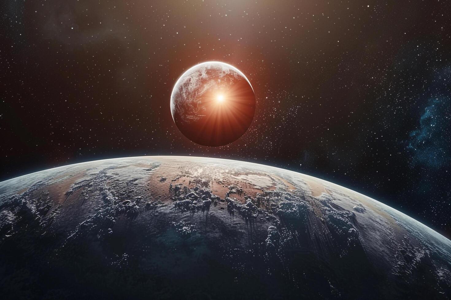 Space Exploration of Planets Orbiting the Ultracool Dwarf Star Trappist 1 with Cosmic nature background photo