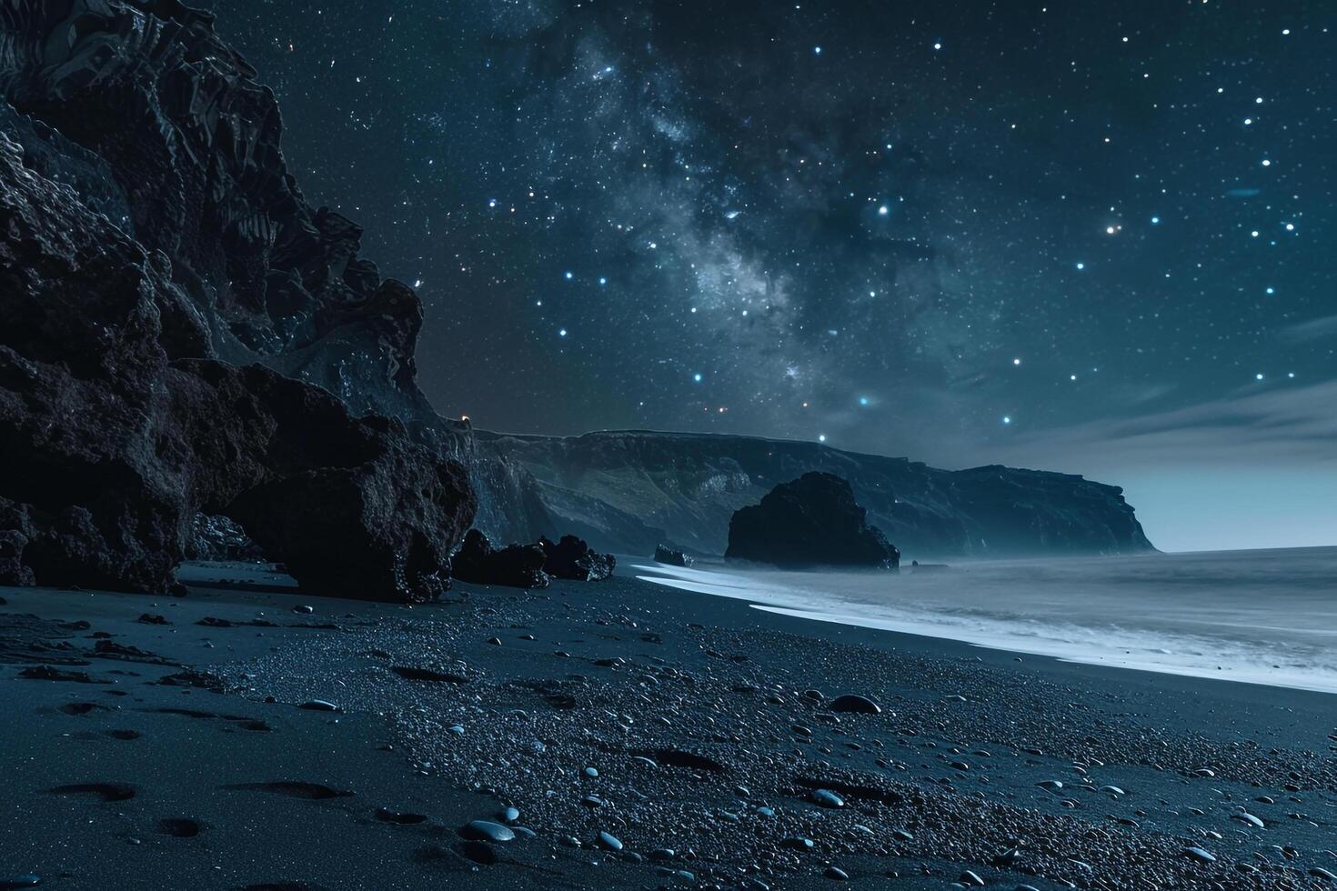 Beach with Black Volcanic Sand Lavrocks and Starry Night Sky with Volcanic nature background photo