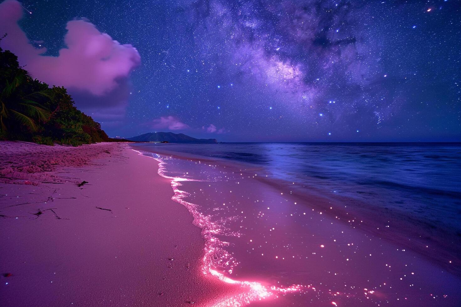 Beach with pink sand glowing under starry night sky with bioluminescent plankton lighting up the water nature background photo