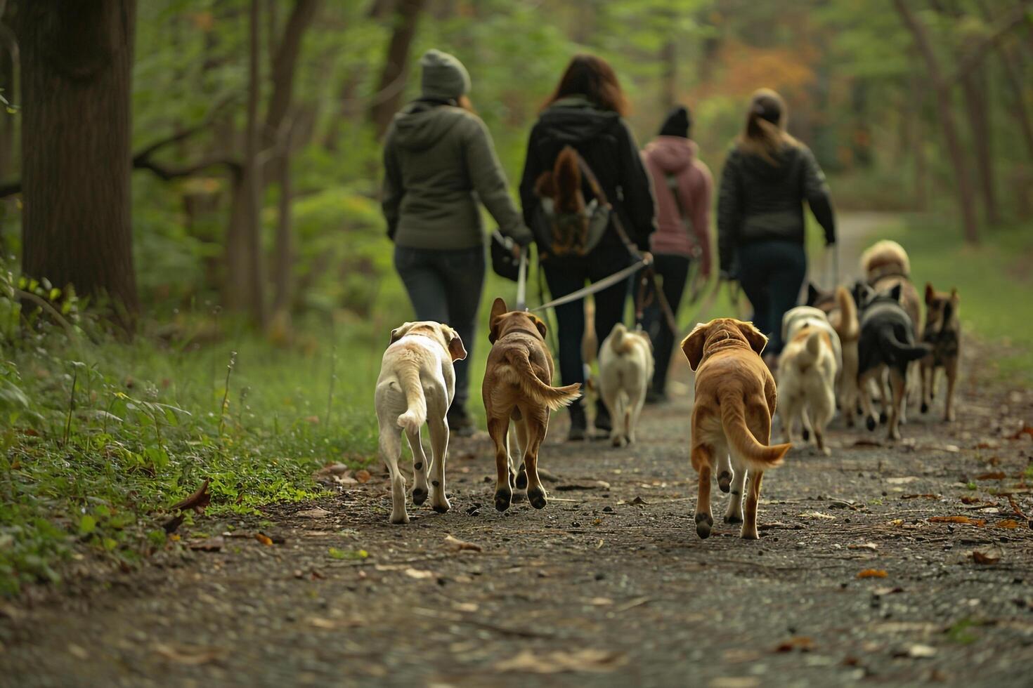 Hopeful group of diverse volunteers walking shelter dogs along a nature trail the dogs tails wagging with anticipation nature background photo