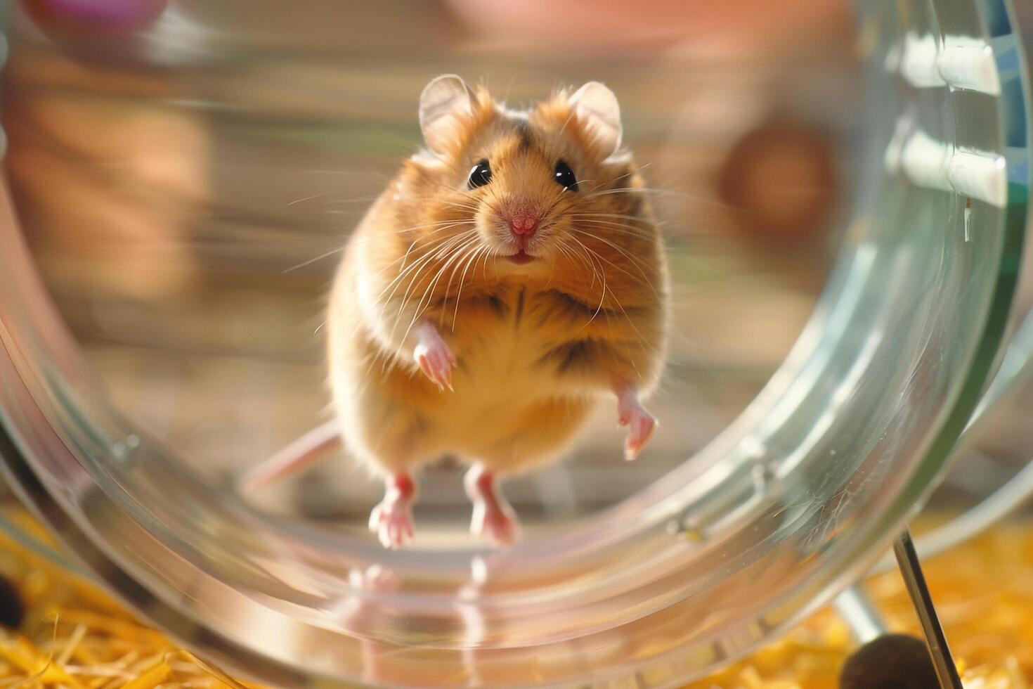 Animal Rescue Hopeful rescued hamster running on wheel in its enclosure tiny paws red with motion as it exercises with determination nature background photo