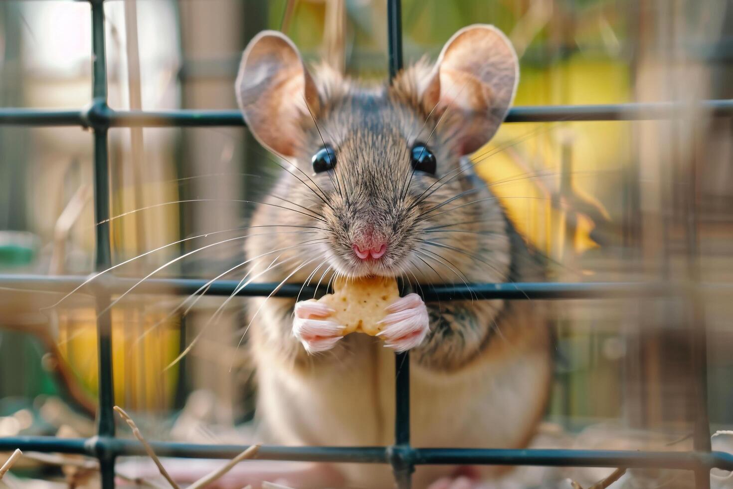 Animal Rescue Hopeful rescued mouse nibbling on treat in specially designed enclosure whiskers twitching with curiosity nature background photo