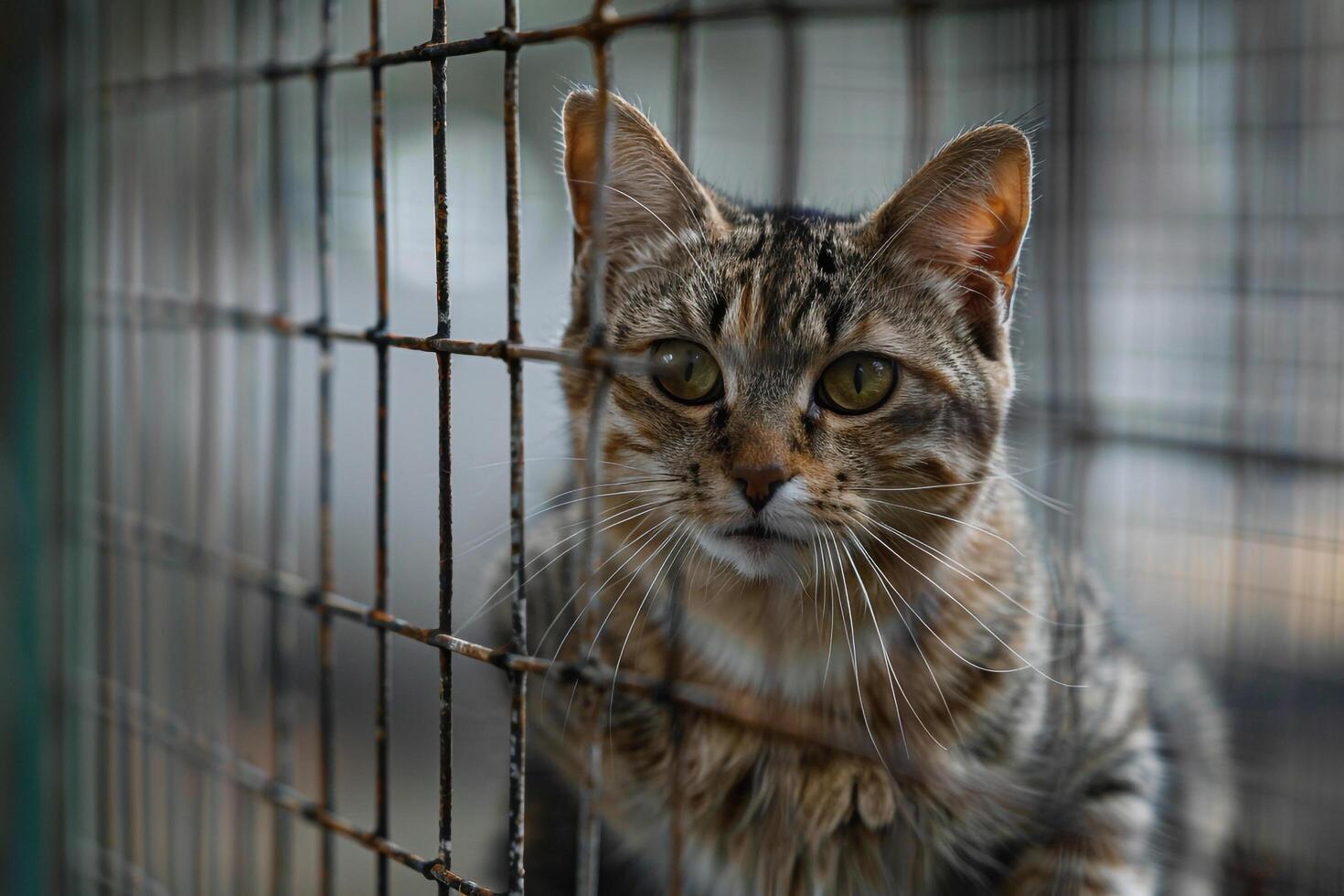 Animal Rescue Resilient cat exploring new outdoor enclosure at shelter cautiously sniffing the fresh air before bounding playfully across platforms nature background photo