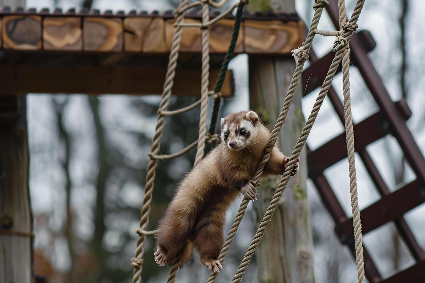 Rescued Ferret nature background Climbing Series of Ropes and Platforms in an Agility Course Demonstrating Agility and Determination photo