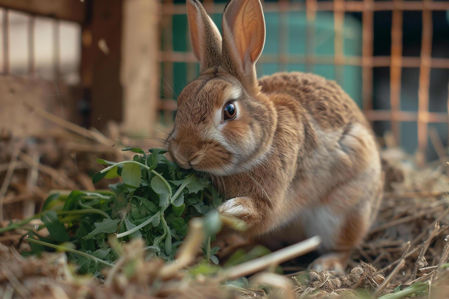Rescued Rabbit nature background Munching on Fresh Greens in Quiet Corner of Its Enclosure Ears Perked in Alertness photo