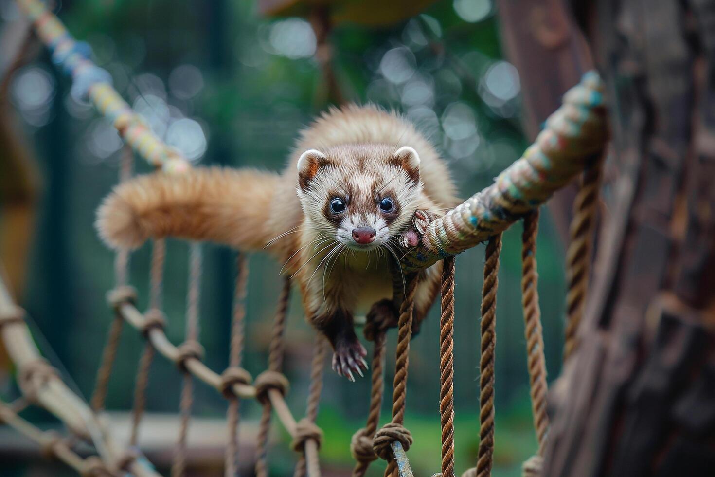 Rescued Ferret nature background Climbing Series of Ropes and Platforms in an Agility Course Demonstrating Agility and Determination photo