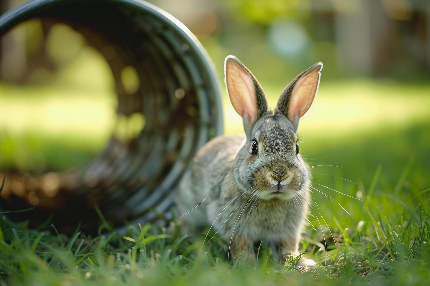 Rescued Rabbit Background Exploring New Tunnel System in Its Enclosure Ears Alert and Whiskers Twitching with Curiosity photo