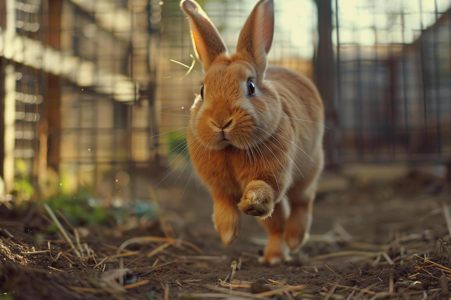Rescued rabbit hopping freely in secure outdoor pen ears perked with curiosity and delight background photo
