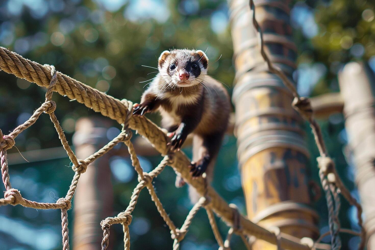 Rescued Ferret nature background Climbing Series of Ropes and Platforms in an Agility Course Demonstrating Agility and Determination photo