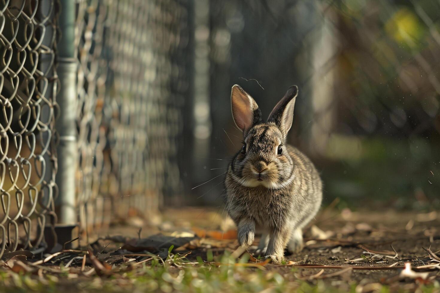 Rescued rabbit hopping freely in secure outdoor pen ears perked with curiosity and delight background photo