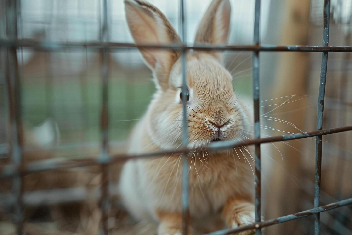 Rescued rabbit hopping freely in secure outdoor pen ears perked with curiosity and delight background photo