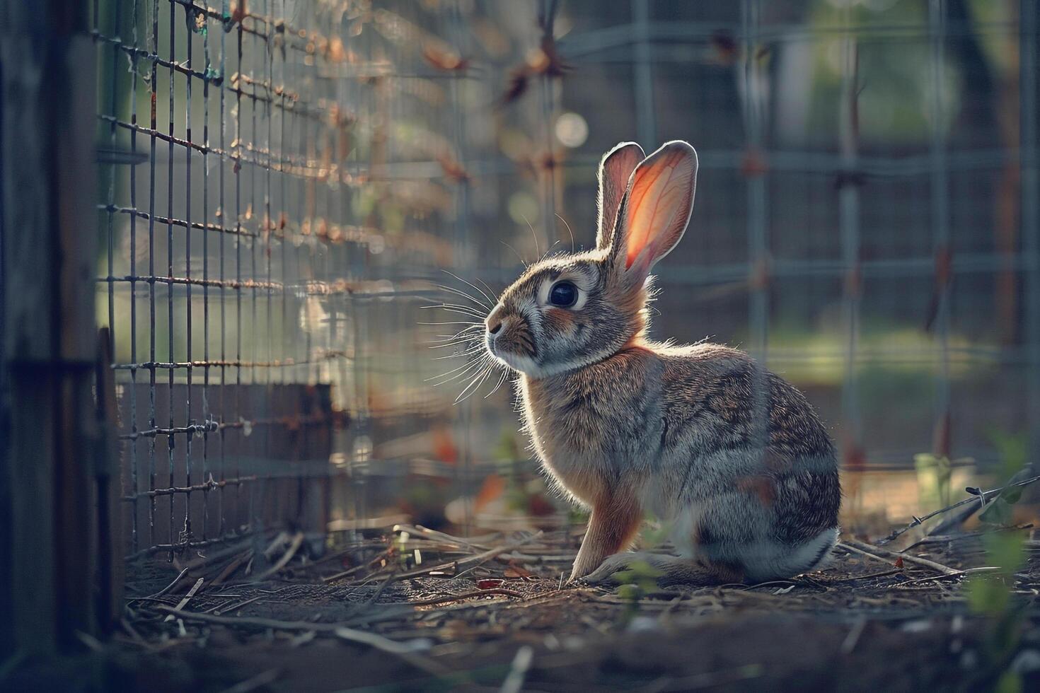 Rescued rabbit hopping freely in secure outdoor pen ears perked with curiosity and delight background photo