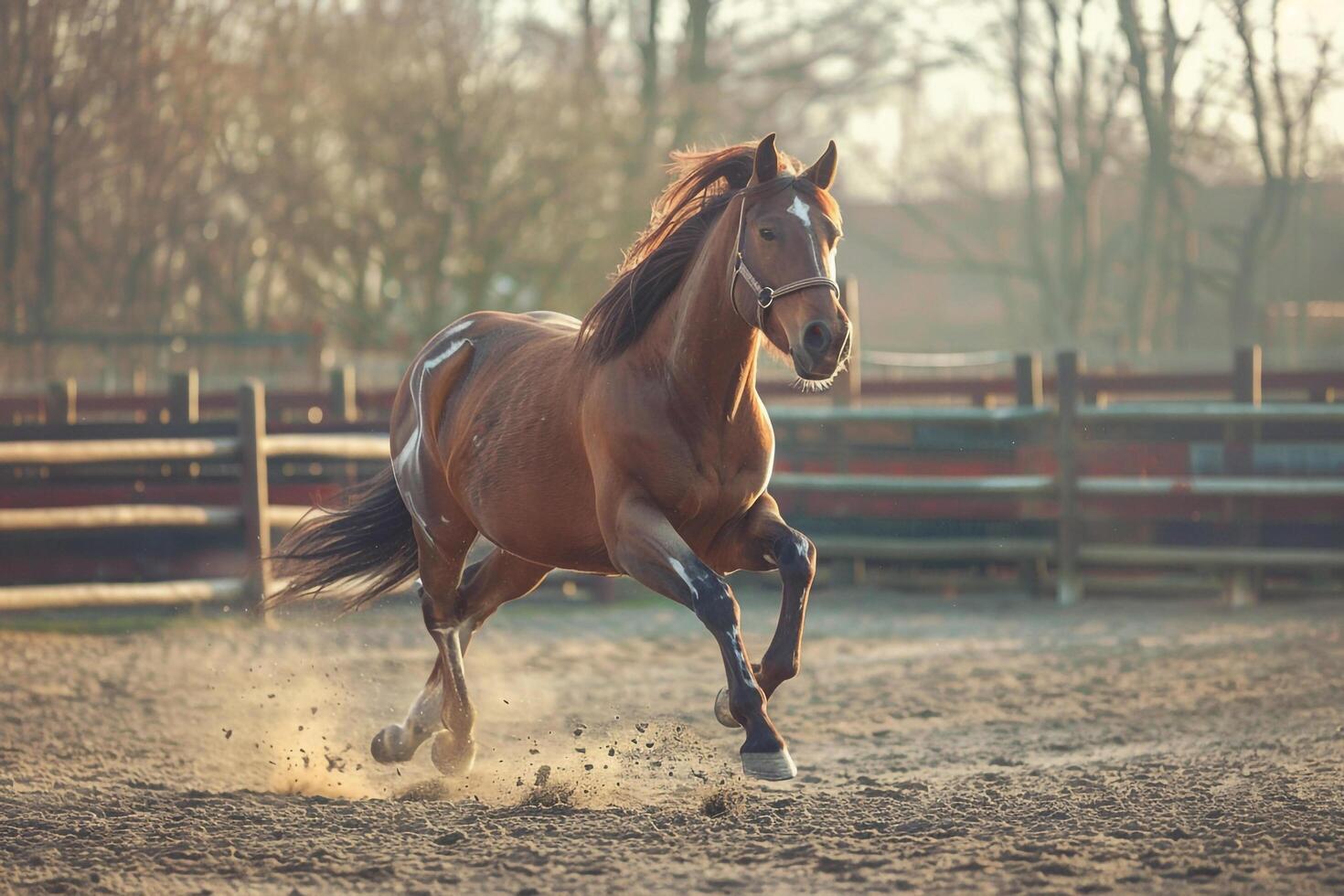 Rescued horse trotting gracefully in round pen muscles toned from rehabilitation exercises embodying strength and resilience photo