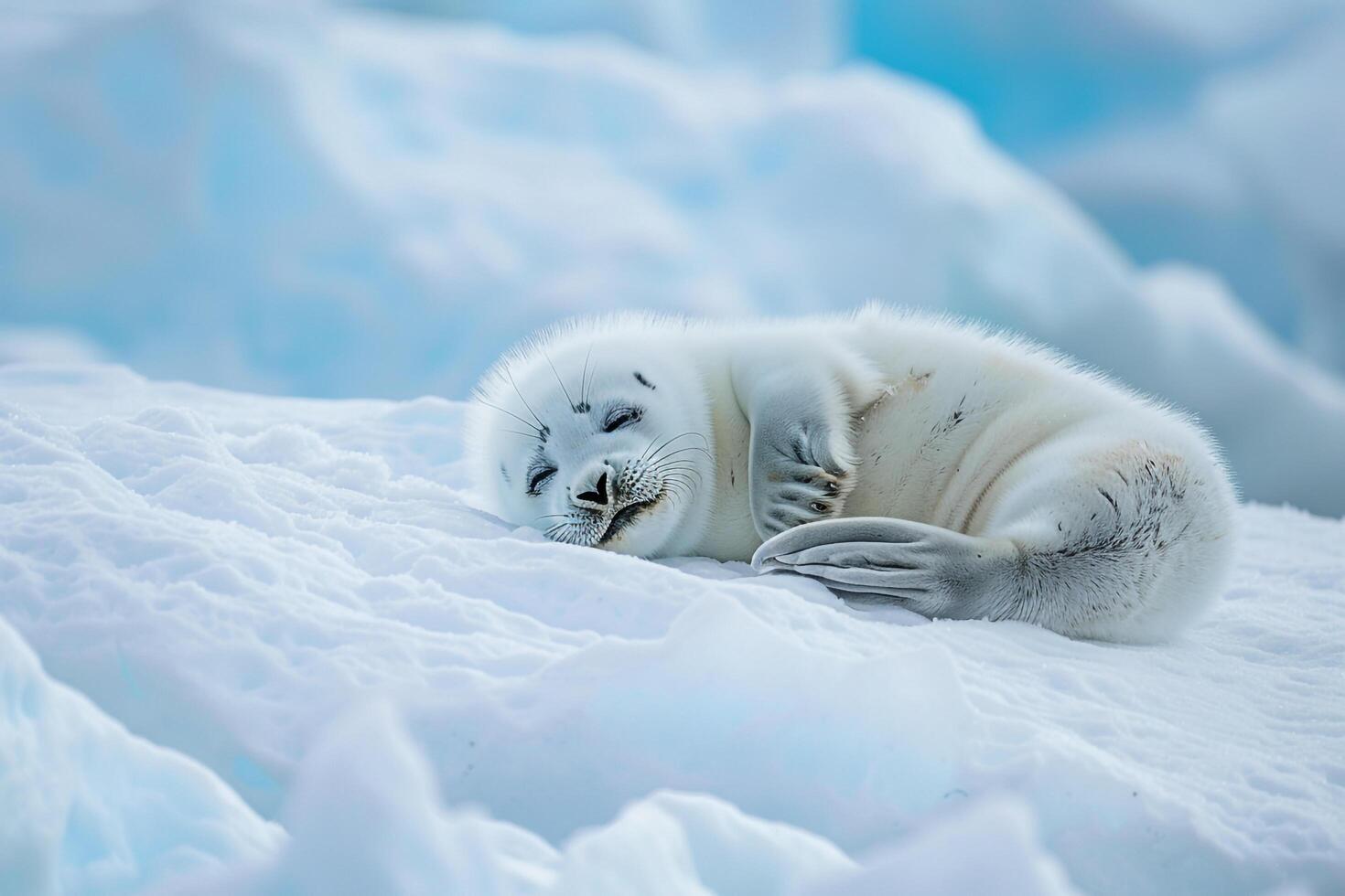 Harp seal pup resting on smooth ice floe its fluffy white coat contrasting with the blue hues of the Arctic ice photo