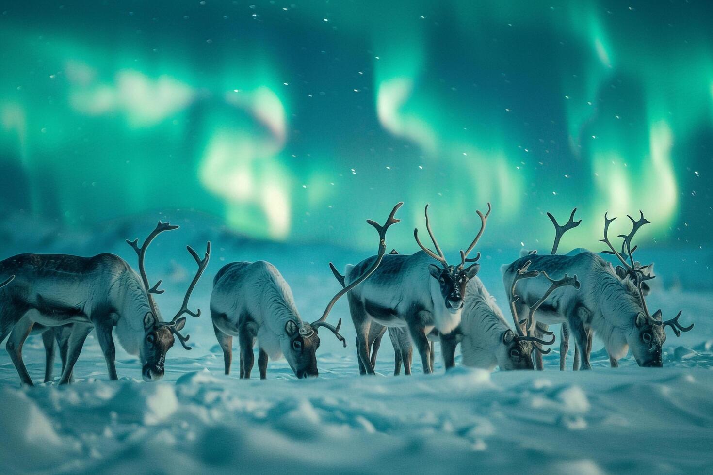 Reindeer herd grazing peacefully under the  glow of the AurorBorealis in snowy Arctic landscape background photo